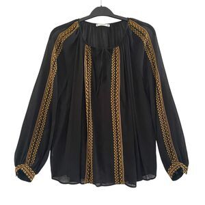 Mango Suit Blouse Top‎ Long Sleeve Embroidered Black Golden Tassels Size 6 (M)